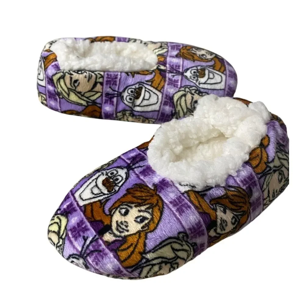 Disney Frozen Girls Slippers Toddler 5/6 Purple White Anna Elsa Bottom Grip